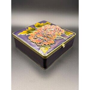 Vintage Floral Enameled Jewelry Box Mirror Lid Rhinestone Trinket Box